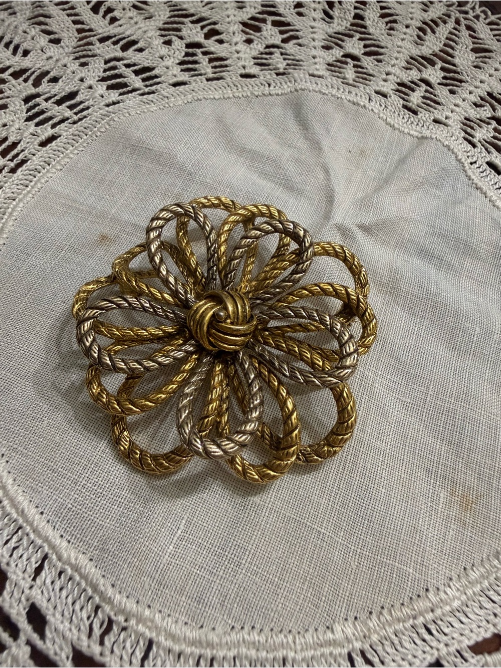 Vintage Gold & Silver Twisted Rope Flower Brooch - Women Accessories
